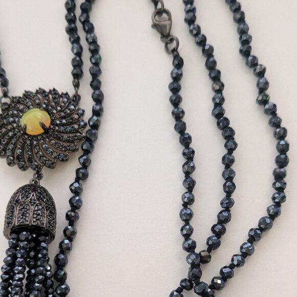 HSN 925 Silver Vermeil MLD Fire Opal Marcasite Beaded Tassel Long Necklace - Picture 5 of 6